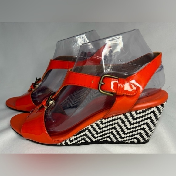 Anyi Lu Women’s Lola Red/Orange Patent Wedge Sandals Handmade in Italy Size 39 - Picture 2 of 13